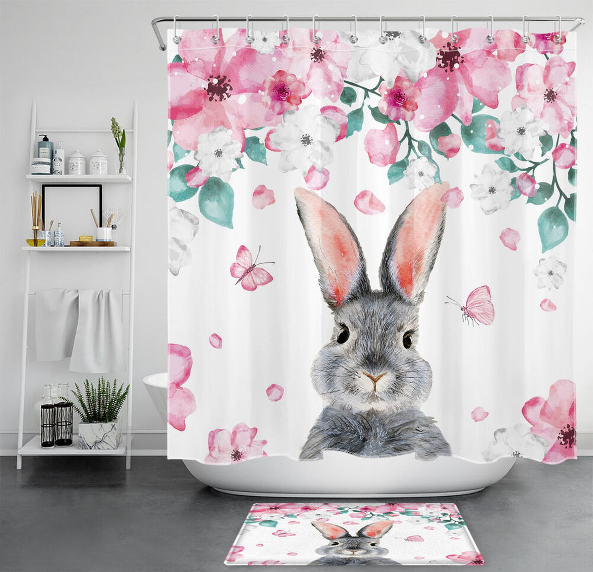 Charming Pink Floral Rabbit Shower Curtain - Botanical Leaf Design for ...