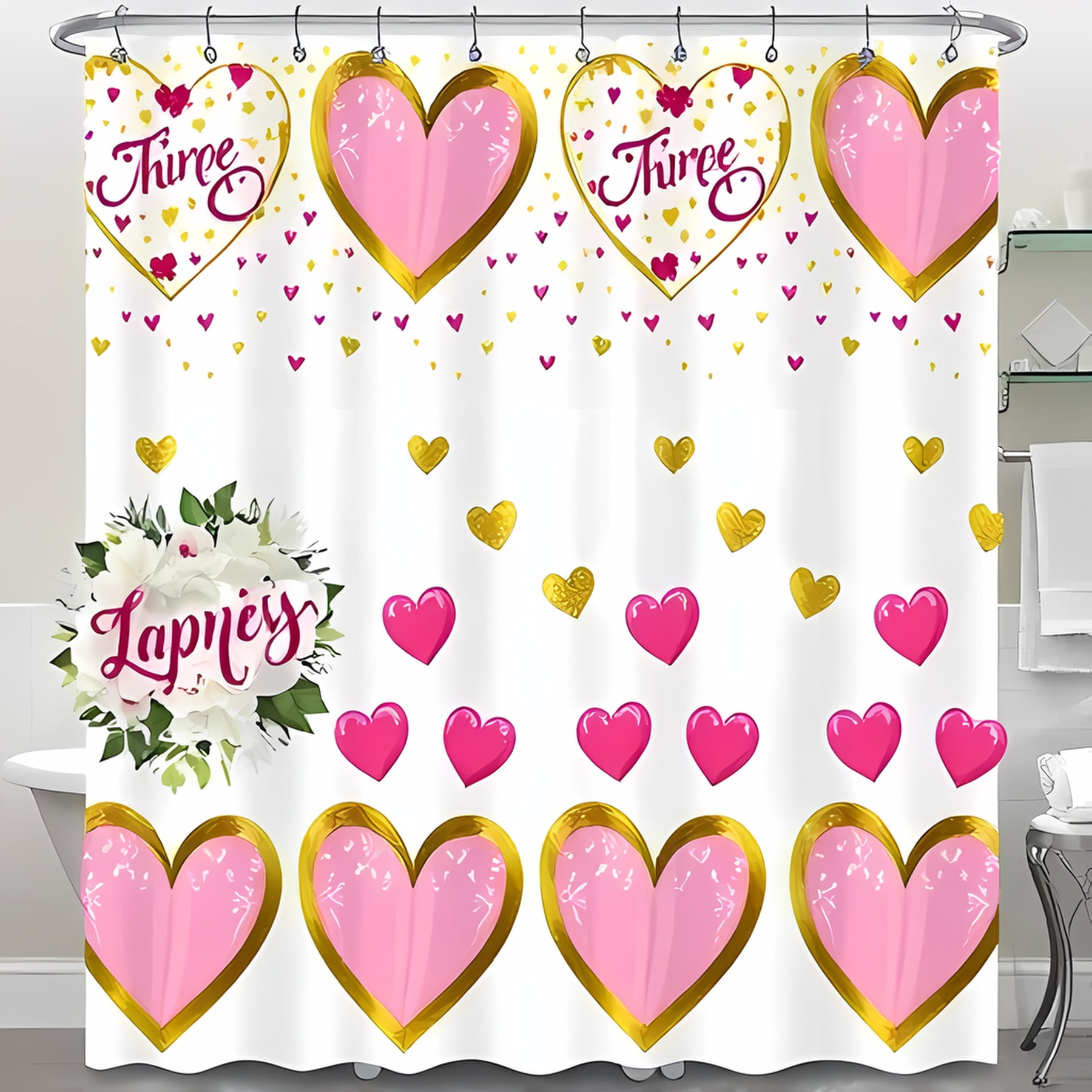 Charming Pink Heart Shower Curtain with Gold Glitter & Floral Wreath
