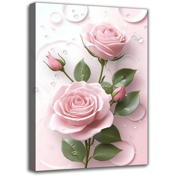 Charming Pink Roses with Water Drops Canvas Wall Art Painting - Framed Modern Art Print For Living Room Wall Hanging For Bedroom Bathroom Ideal Festival Gift Rose Decor Room Decor (20W" X 30L")