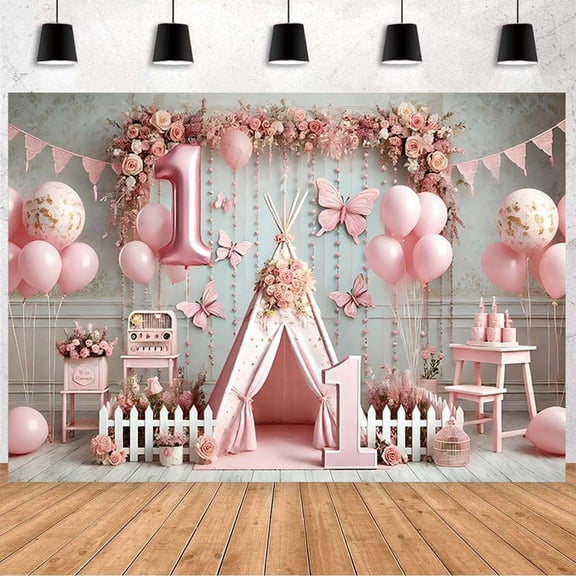 Charming Pink Sky Clouds 1st Birthday Backdrop Pink 1st Happy Birthday Photography Background One Years Old Newborn Baby Shower Party Decorations Banner Supplies Photo Booth Props