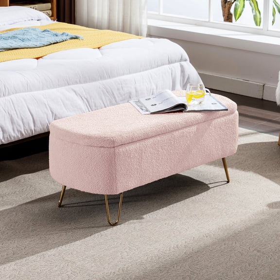 Charming Pink Storage Bench With Faux Fur And Stable Gold Leg Parts For Entryway Elegant Upholstery Patterns