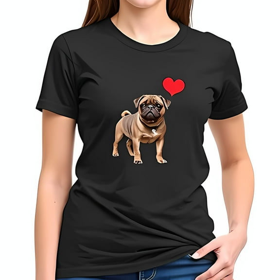 Charming Pug Illustration Cotton Short Sleeve T-Shirt with Heart Design - Casual and Stylish Tee for Pug Lovers