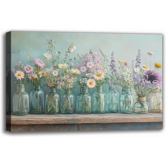 Charming Purple Wildflower Canvas Wall Art - Wooden Framed Room Decor Painting with Colorful Glass Bottles for Farmhouse Wall Decor For Living Room Bedroom Bathroom Spring/Summer Art Picture