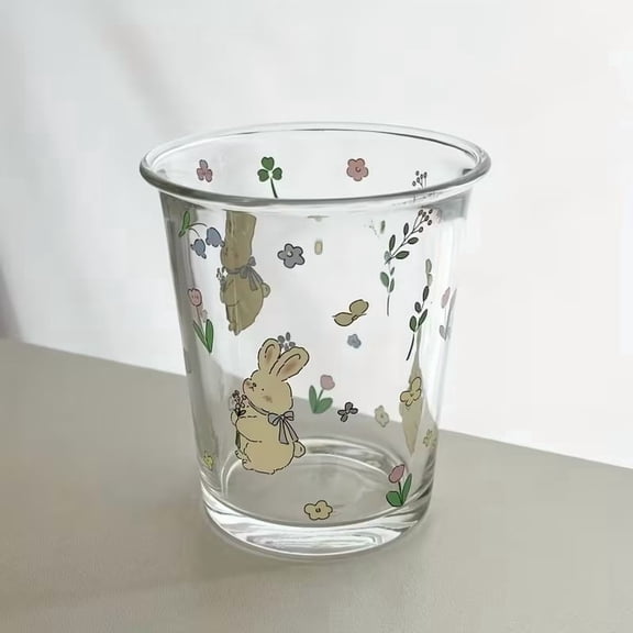 Charming Rabbit Print French Flip Over Glass Cup for Iced Coffee Tea Whiskey Milk Durable Reusable Drinkware for Home Office Travel