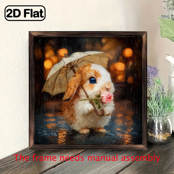 Charming Rabbit Rain Wall Art - Vintage Rabbit Holding Umbrella Wood Frame Sign, Wood Panel Suitable for Home or Office Decor, 8 x 8 inch