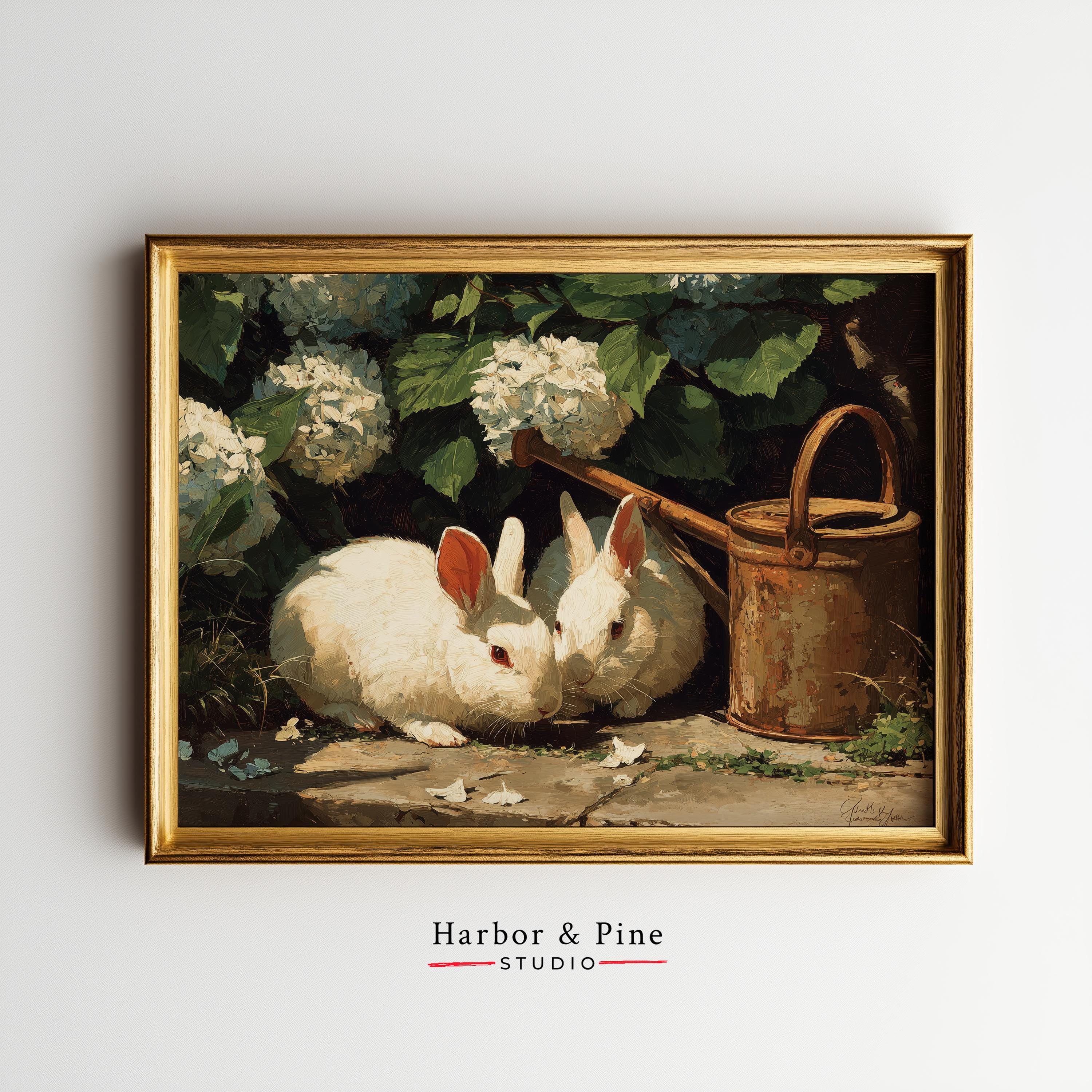 Charming Rabbits Under Hydrangeas - Rustic Spring Wall Art, Cottagecore ...