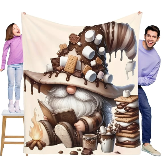 Charming Reading Gnome Marshmallow Cookie Cute Print Flannel Blanket Soft Warm Cozy Skin-friendly Blanket For Sofa Bed Car Camping Office Home Decor Gift Blanket For All Seasons-Knit Fabric
