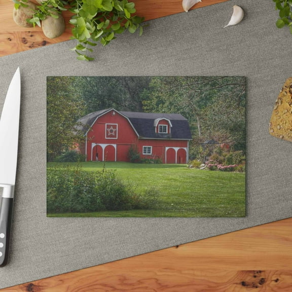 U R There Photography Charming Red Rustic Farmhouse Tempered-Glass Cutting Board 8"x 11"