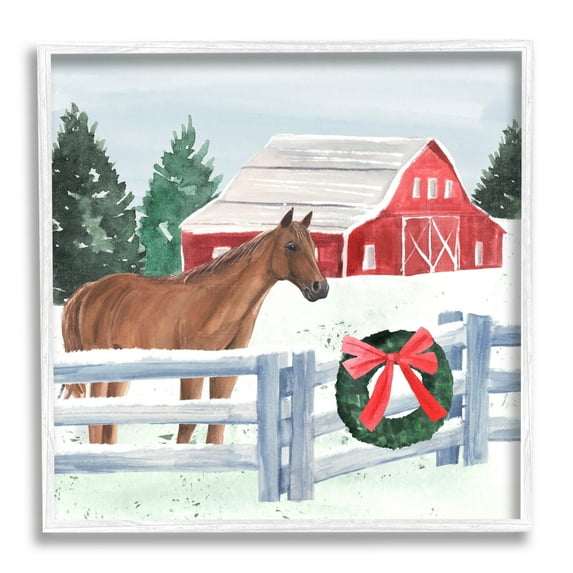 Charming Red Snowy Barn Horse Standing Winter Scene Animals & Insects Painting Framed Art Print Wall Art