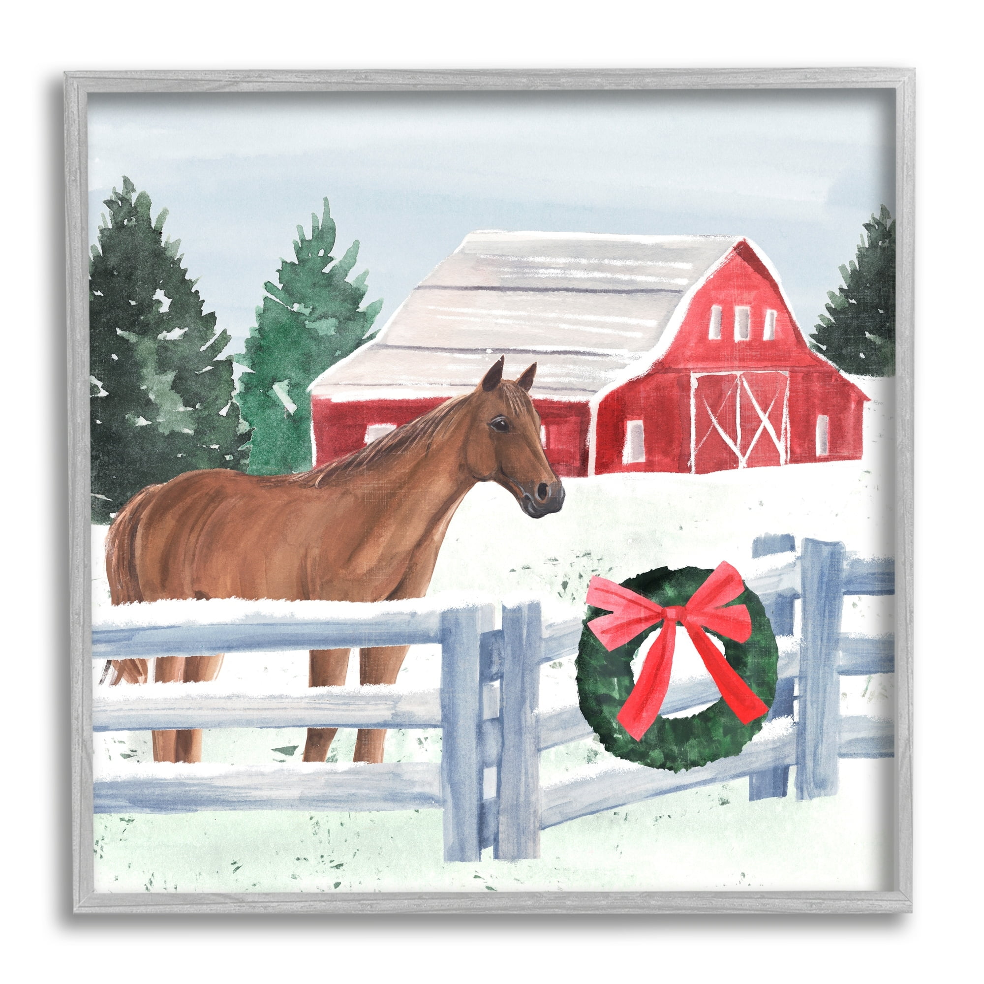 Charming Red Snowy Barn Horse Standing Winter Scene Animals & Insects Painting Framed Art Print Wall Art