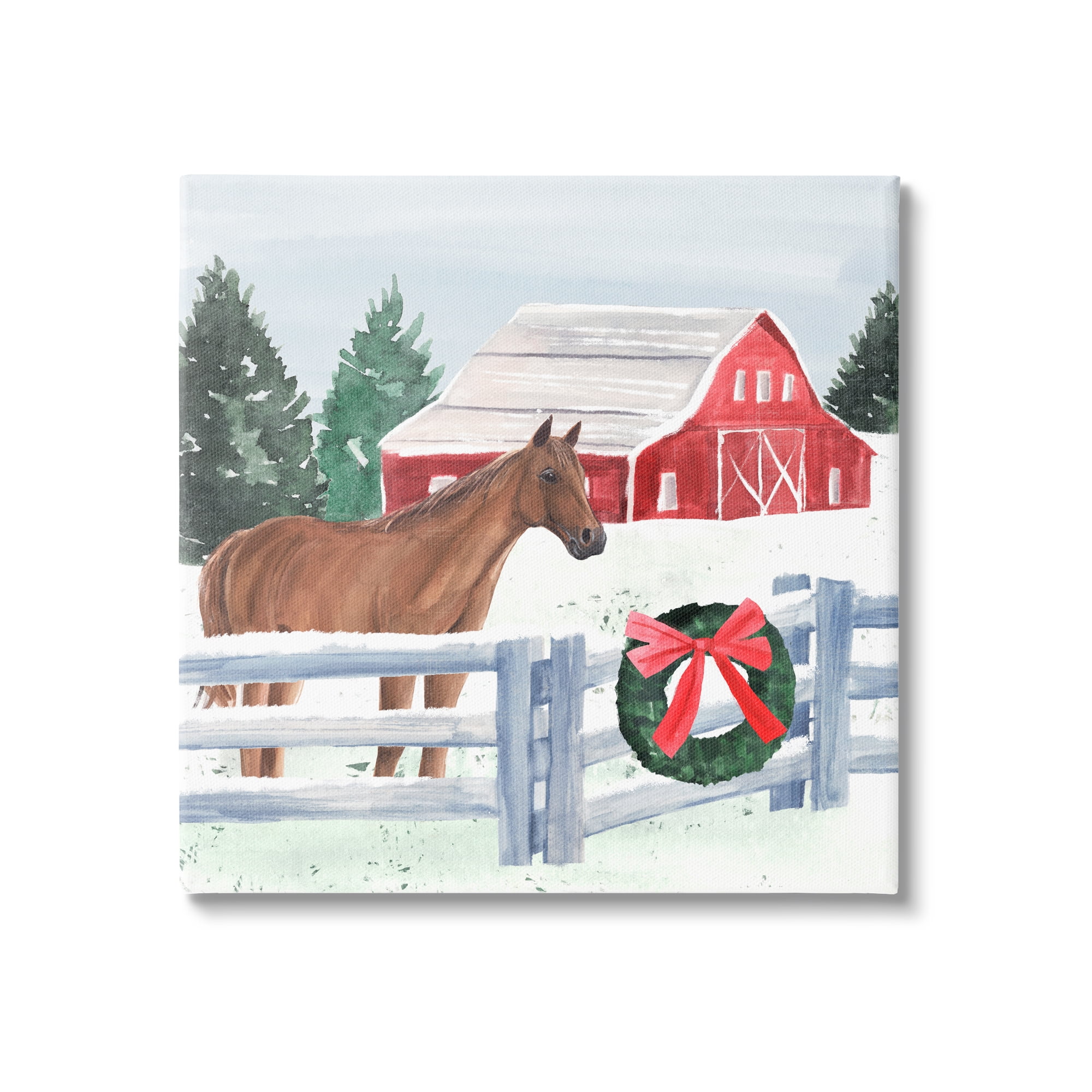 Charming Red Snowy Barn Horse Standing Winter Scene Animals & Insects Painting Gallery-Wrapped Canvas Print Wall Art