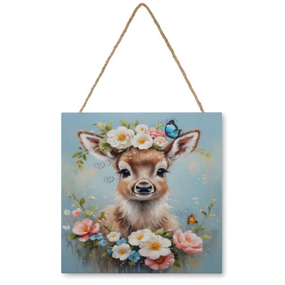 Charming Reindeer with Butterflies Wooden Hanging Sign - Delightful Accent for Play Areas, Perfect for Nature Lovers and Kid's Rooms 12"x12"