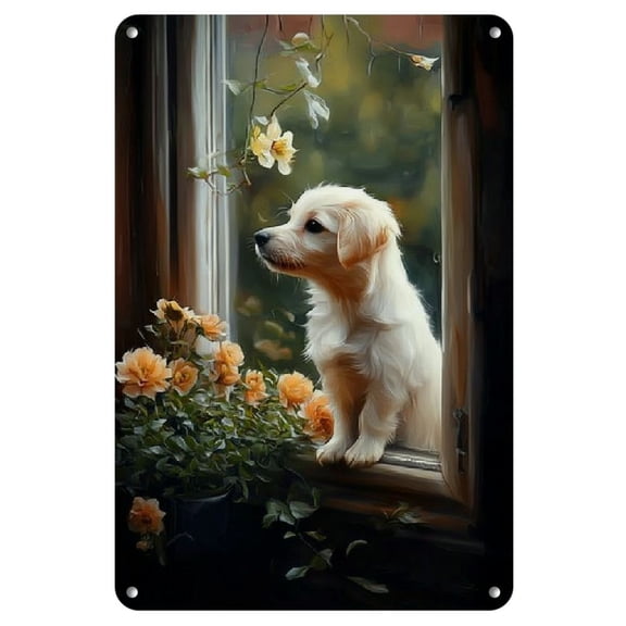 Charming Retro Puppy Dog Window Scene - 8x12" Metal Sign, Weather-Resistant Wall Decor &amp; Gift Idea