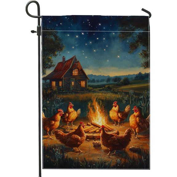 Charming Rooster Garden Flag, Rustic Barnyard Campfire Decor, Double Sided Outdoor Lawn Banner for Autumn Festivities, Farmhouse Style Yard Decoration 12x18 Inch