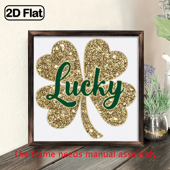 Charming Rustic Golden Four-Leaf Clover Wooden board painting 8x8 inch Framed Farmhouse Decor for Living Room, Cafe, Garage - Perfect St Patrick'S Day Gift.