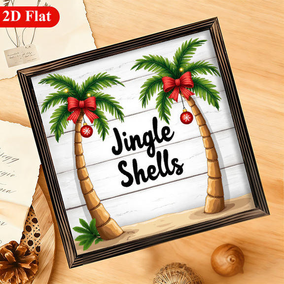Charming Rustic 'Jingle Shells' Wall Decor - Coastal Beach House Sign with Palm Tree Seashell Design, Natural Grain Texture, 12x12 Inches Horizontal Hanging Decoration for Entryway, Living Ro