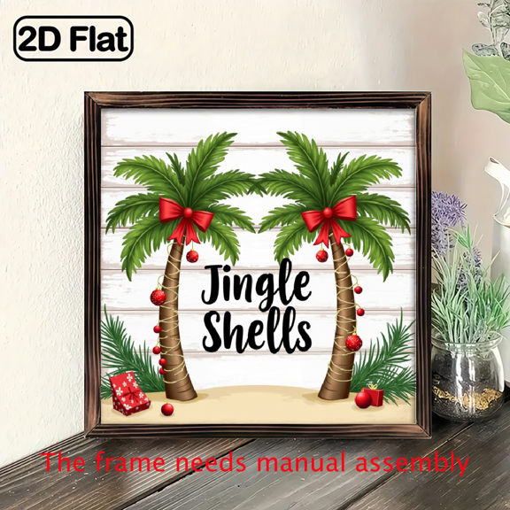 Charming Rustic 'Jingle Shells' Wall Decor - Coastal Beach House Sign with Palm Tree Seashell Design, Natural Grain Texture, 8x8 Inches Horizontal Hanging Decoration for Entryway, Living R