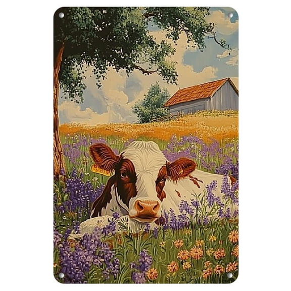 Charming Rustic Metal Tin Sign - 8x12 Inch, Vintage Countryside Scene with Cute Farm Animals and Lavender, Ideal for Young People's Room Decor