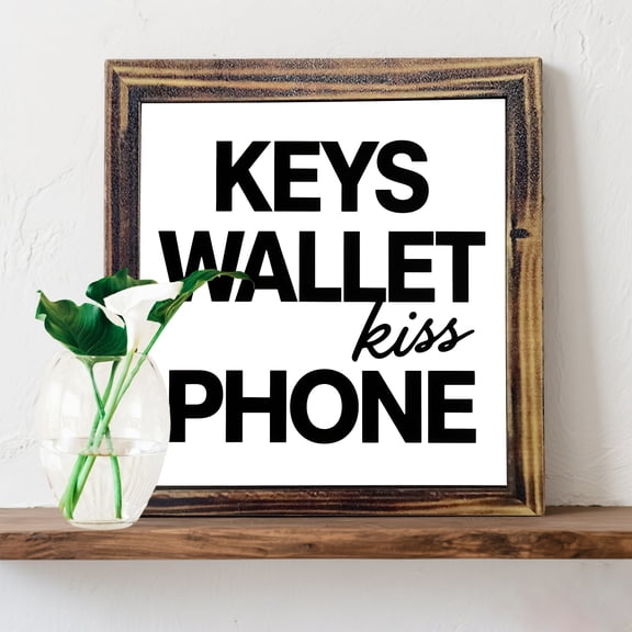 Charming Rustic Wooden Framed Wall Art - 'Keys, Wallet, Phone, Kiss' Sign - Minimalist Black Lettering for Home & Entryway Decor, Wall Decor