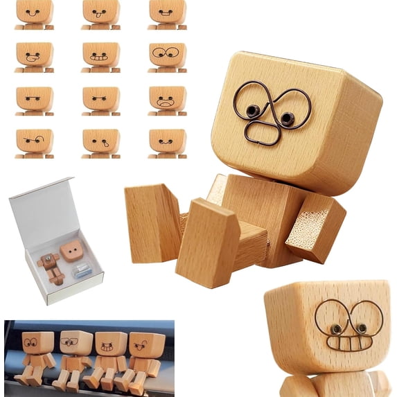 Charming Shaking Feet Wooden Man Figurine, Little Wooden Statue That Sways, Car Dashboard Figurines with Spring Legs with Rich Expression Accessories Decorations Doll Gifts(12PC Magnetic Expressions)
