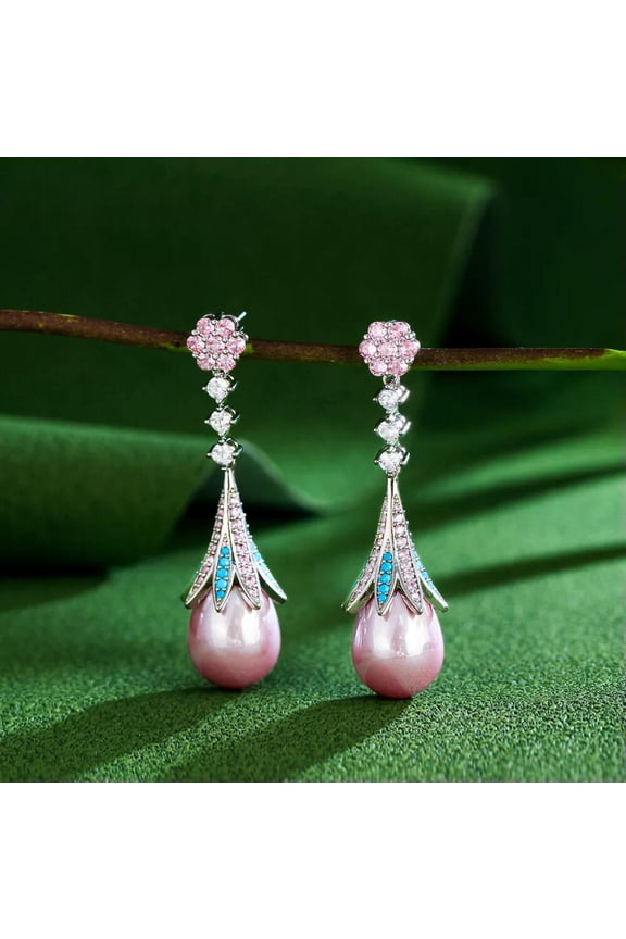 Charming Silver Plated CZ Women Long Round Flower Pink Pearl Dangle Drop Earring