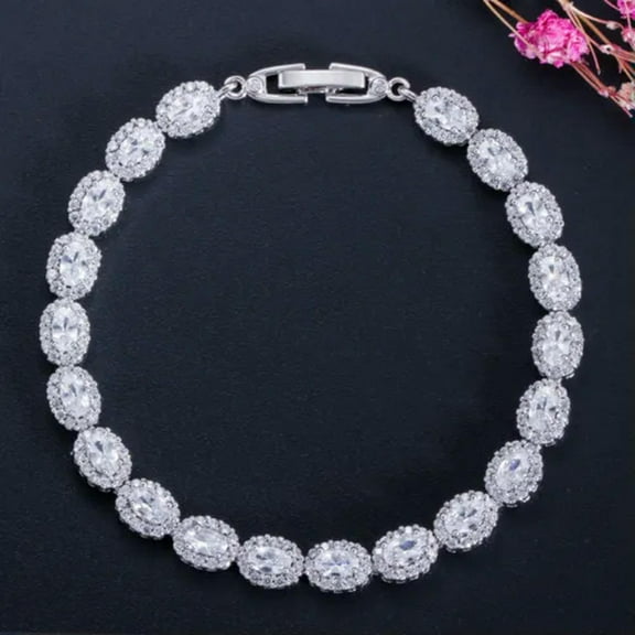 Charming Silver Plated White Cubic Zircon Oval Tennis Bracelet for Women Bridal
