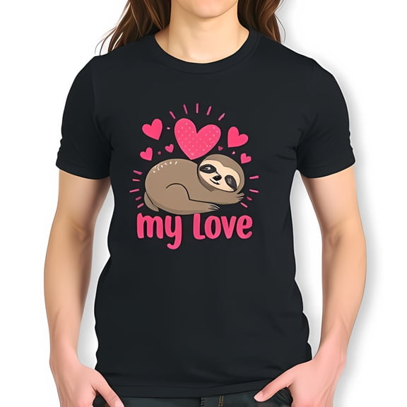 Charming Sloth & Pink Hearts Graphic Cotton Short Sleeve T-Shirt - " My Love " 's Day Design