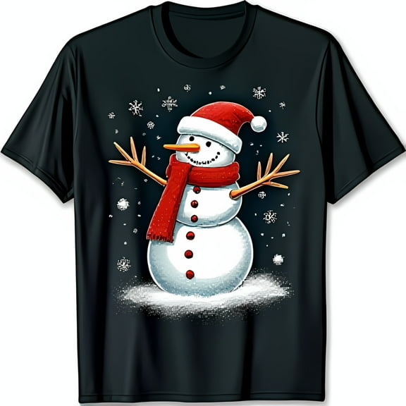 Charming Snowman Design Black T-Shirt with Santa Hat & Red Scarf Festive Winter Magic