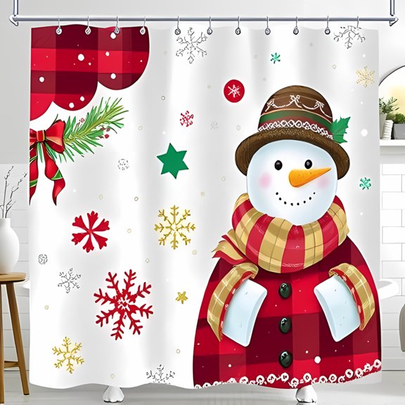 Charming Snowman Shower Curtain with Red Coat & Christmas Motifs Festive Holiday Decor