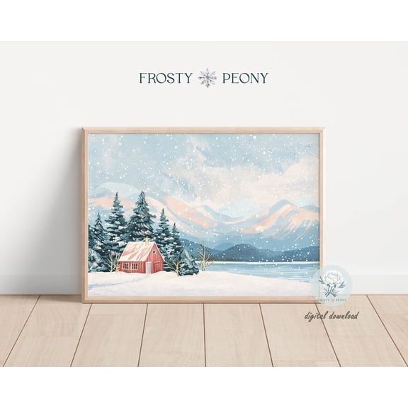 Charming Snowy Cottage By The Lake Scenery Art Print, Winter Landscape Wall Art, Snowy Lake Art, Wall Art, Modern Wall Decor, 24x36 UNFRAMED