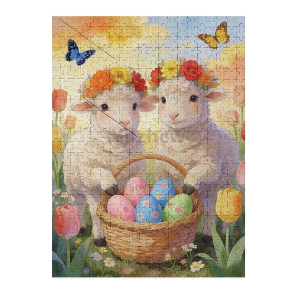 Charming Springtime Lamb Floral Basket Colored Eggs Wooden Jigsaw Puzzle 500 Pieces Adult Indoor Pastime Household Ornament Mindful Leisure Activity Decorative Project