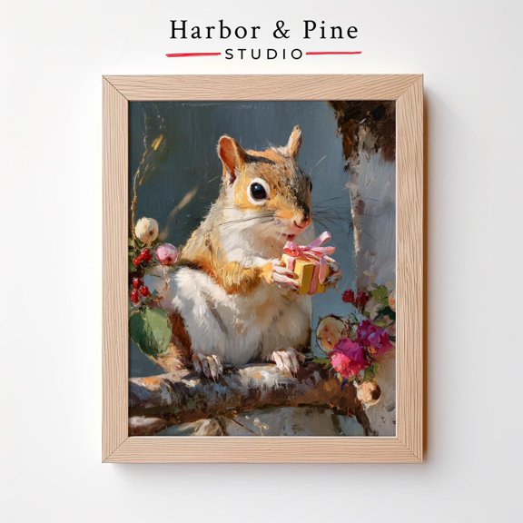 Charming Squirrel Holding Rustic Woodland Animal Art, Unframed Canvas 24x36in