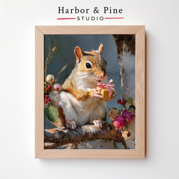Charming Squirrel Holding Rustic Woodland Animal Art Unframed Paper Print