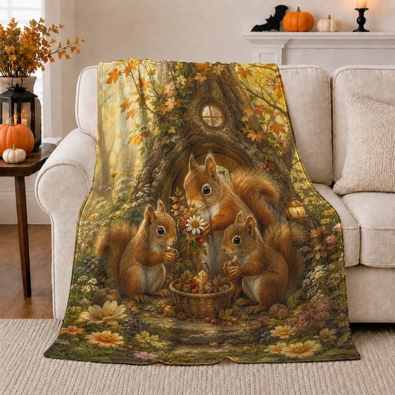 Charming Squirrel Woodland, Festive Woodland Scene, Warm Flannel Blanket for Living Room and Bedroom with Detailed Artwork, Garden Lovers Christmas Gift, Festive Home Decor