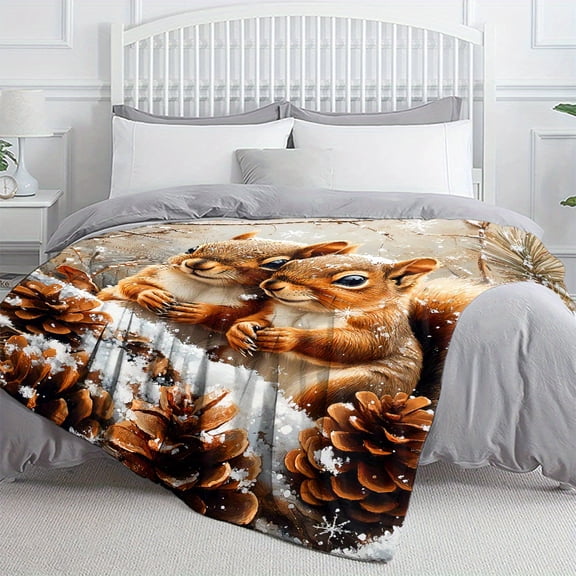 Charming Squirrels and Pine Cones Design Flannel Blanket All Season Lightweight Throw for Bed Sofa Travel Living Room Office Camping Machine Washable Ideal Gift for Family Friends