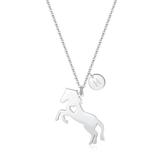 LinnaLove Stainless Steel Horse Necklace Pendant with 26 Initials disc charm(Silver-Initials: H)