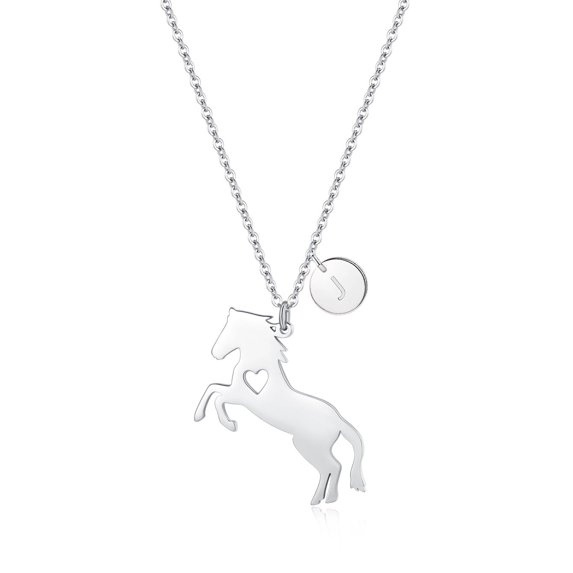 LinnaLove Stainless Steel Horse Necklace Pendant with 26 Initials disc charm(Silver-Initials: J)