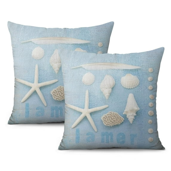 Charming Starfish & Coral Linen Pillow Covers - 16x16 inch, Set of 2 for Beach Nautical Summer Farmhouse Home Decoration.