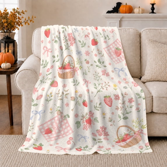 Charming Strawberry Basket Picnic, Playful Artistic Scene, Warm Flannel Blanket for Living Room and Bedroom with Detailed Artwork, Art Lovers Housewarming Gift, Artistic Home Decor