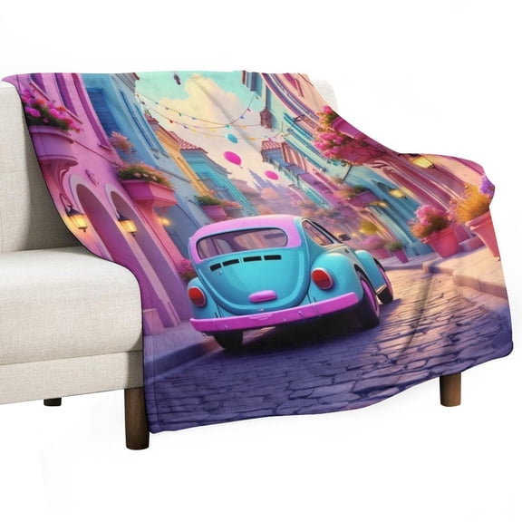 Charming Street with Vintage Car Throws Blankets for Sofa Bed Winter Plush Warm Blanket Holiday Gifts