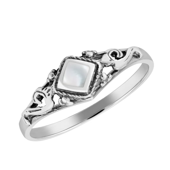 Charming Swirls White Mother of Pearl Inlaid Rhombus Sterling Silver Ring-9