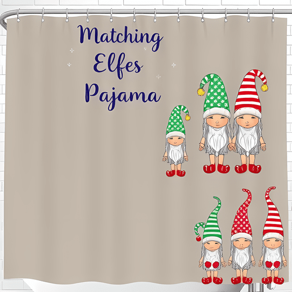 Charming Taupe Shower Curtain with Whimsical Matching Elves in - Festive Holiday Decor