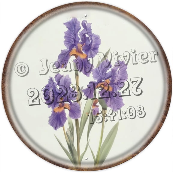 Charming Tin Sign with Purple Iris Rustic Tin Sign, Floral Wall Art, Chic Shabby Round Vintage Metal Wall Decor for Farmhouse Inspired Look, Home & Office Wall Decor 12x12 inches