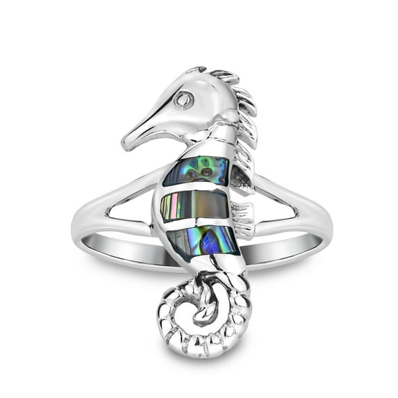Charming Tropical Seahorse Inlay Abalone Shell .925 Silver Band Ring for Female Anniversary Size -7