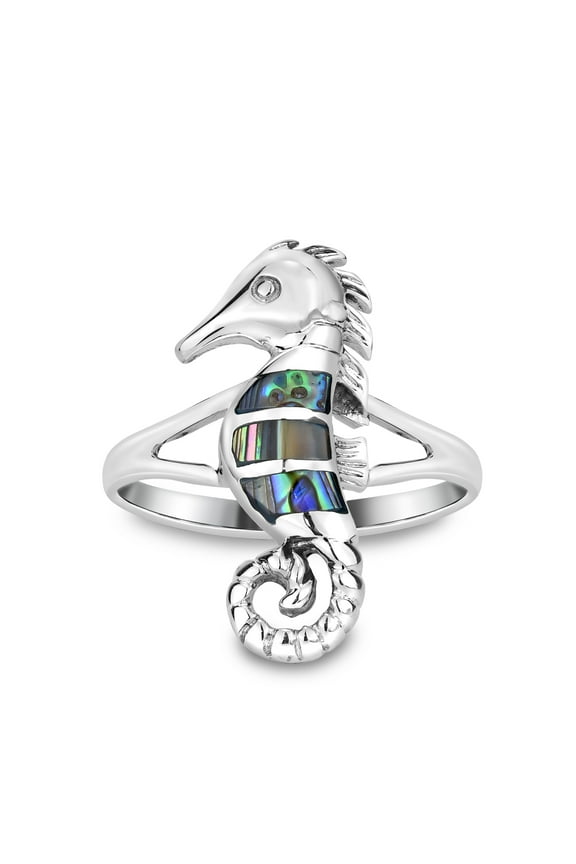 Charming Tropical Seahorse Inlay Abalone Shell .925 Silver Ring-6