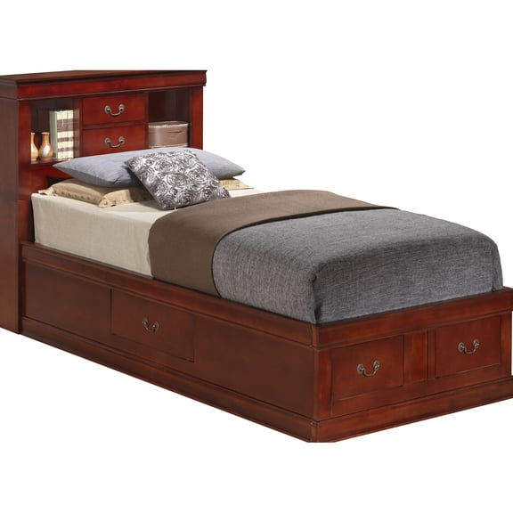 Charming Twin Bed With Storage Compartments - Compact, , Traditional Style, Cherry Finish Compact Drawers For Ease, Build, Classic