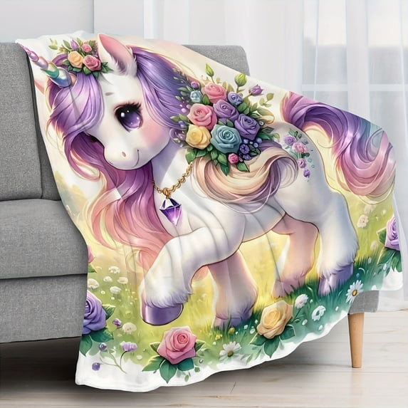 Charming Unicorn Flannel Blanket Soft Skin-Friendly All-Season Cartoon Themed Throw with Anti-Tear Design Digital Print Knit Fabric for Sofa Bed Car Camping Home Decor Purple Meadow Unicorn