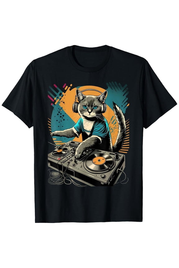 Charming Unisex "DJ Cat" Cat - Styled Graphic Tees Vivid Print Soft Breathable Short - Sleeve Casual Stylish Shirts