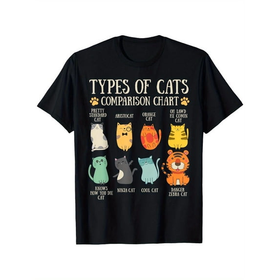 Charming Unisex "Types Of Cats Comparison Chart" Cat - Styled Graphic Tees Vivid Print Soft Breathable Short - Sleeve Casual Stylish Shirts