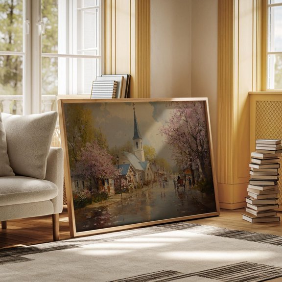 Charming Village Art – Church, Horse-Drawn Carriage, Blossoming Trees, And Springtime Scene Wall Art, Modern Wall Decor, 8x12 UNFRAMED